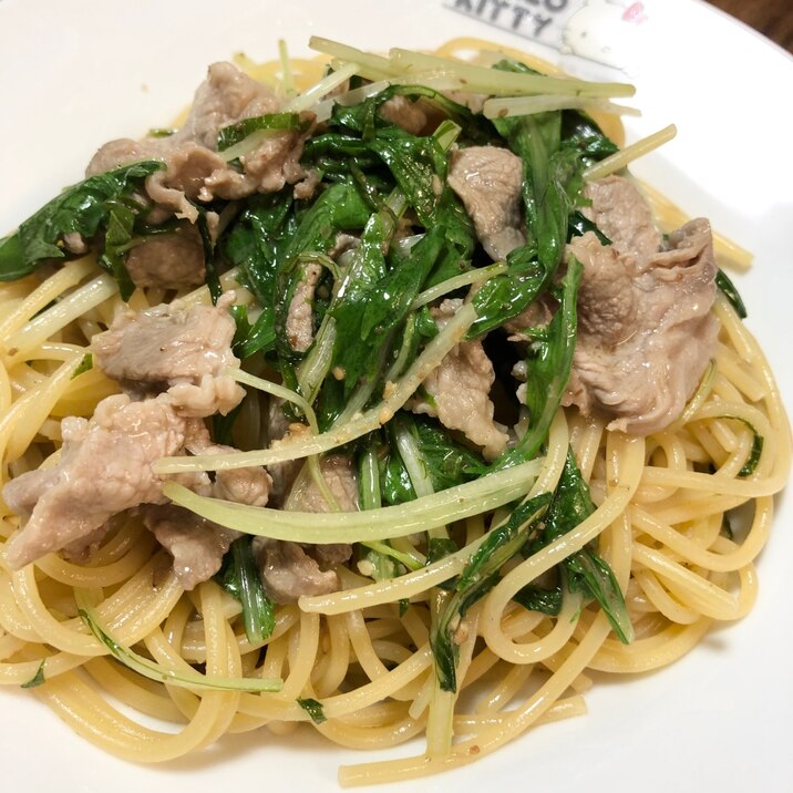 間違いない味！水菜と豚肉の和風パスタ